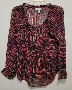 Ann Taylor LOFT Long Sleeve Sheer Blouse Tie Neck Top Ruffle Black Pink Orange M