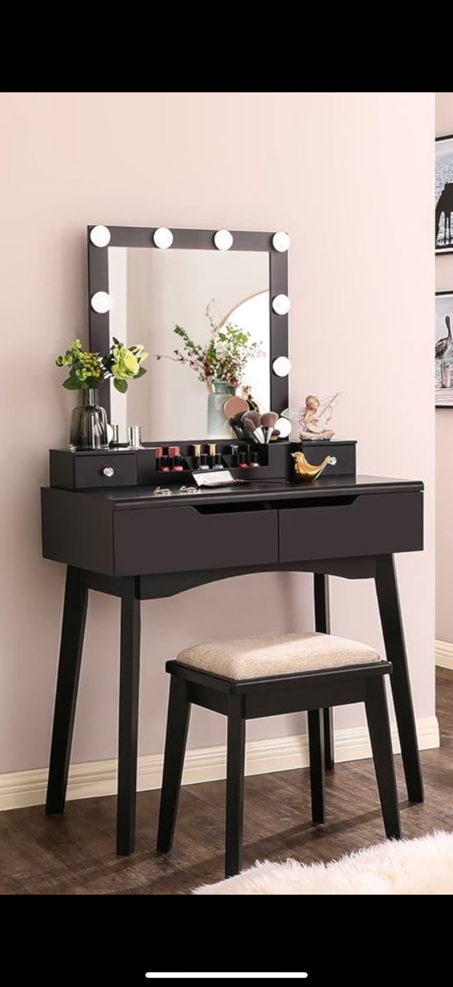 Vanity with Lighted Mirror and Stool – Like New