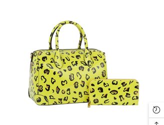 Neon Yellow Leopard Print Handbag and Wallet Set