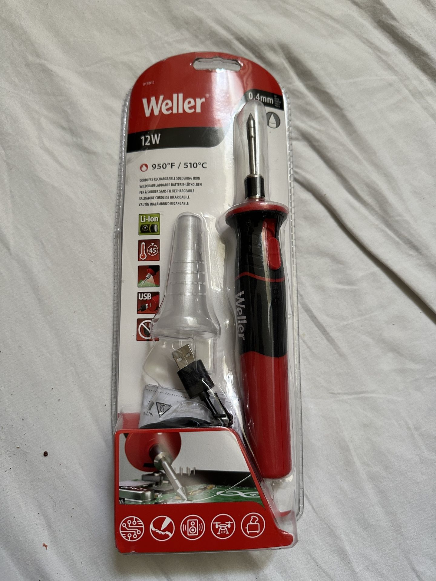 Weller 12-Watt Cordless Soldering Iron with Lithium-Ion Rechargeable Battery NEW, OPEN PACKAGE Soldering iron only needs 45 seconds to heat-up USB cha