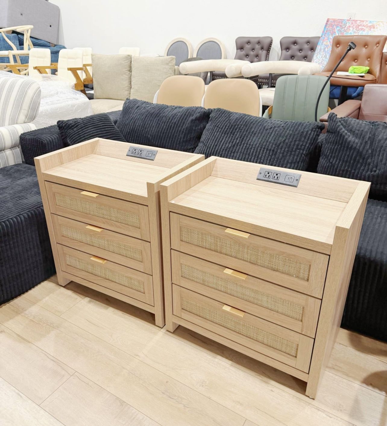 Rattan Nightstands Set of 2 Bedside Table - Larger Night Stand with Type-C Charging Station, 3 Drawers Storage, Boho Night Stands End Table for Bedroo