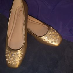 Women's Gold Embellished Flats 10 W