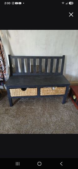 Dark Wood Storage Bench with Wicker Drawers