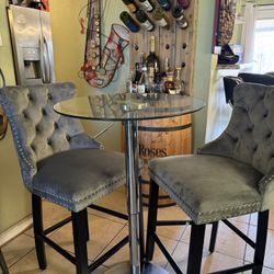 Bar Table with 2 Chairs Gray Velvet Fabric Upholstered Espresso Wood