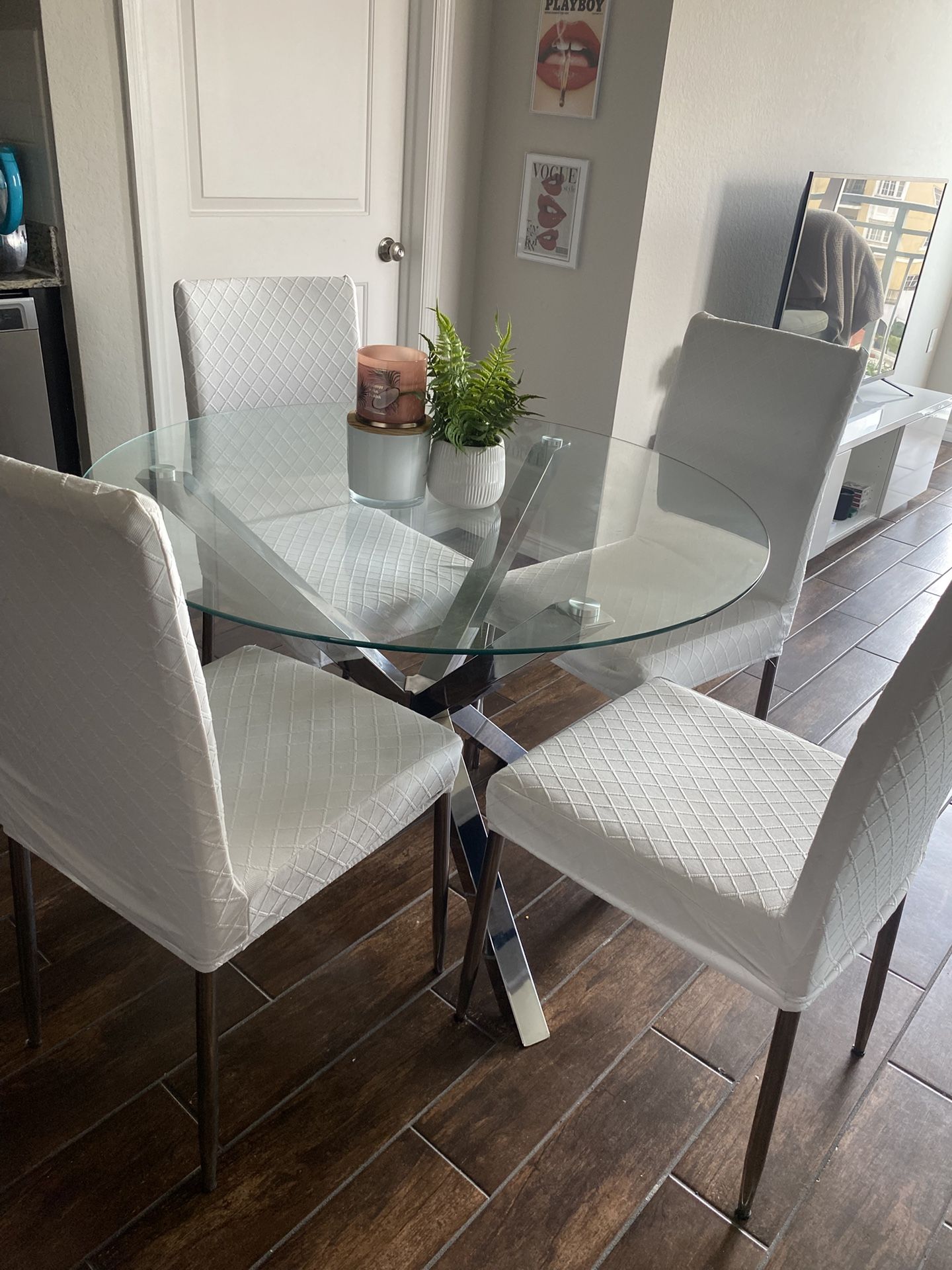 Glass Dining Table Set With 4 White Leather Chairs 