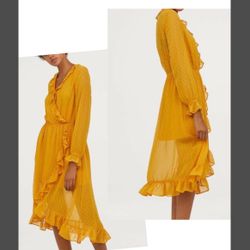 H&M Calf-length Mustard Yellow ruffles V-neck wrapover dress Size 8 Swiss Dots