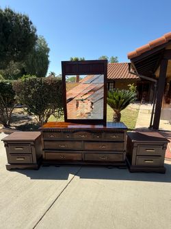 SALE!! BEAUTIFUL SET!! Dark Solid Wood Dresser  with Mirror and Two Nightstands  (Read Description)