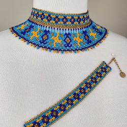 Handmade Beaded Necklace Choker and Bracelet Set Ethno Boho