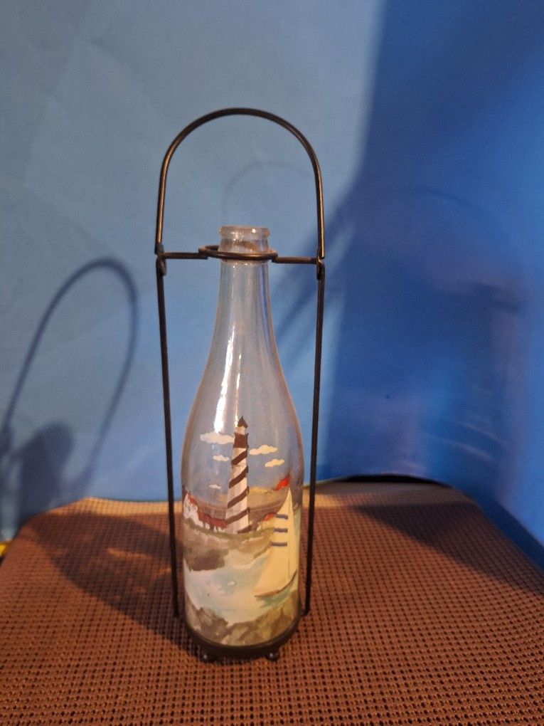 Vintage Hanging Light House Bottle Wine Glass Kitchen Decor In Metal Carrier For Tea Light Candle Holder-$10.00