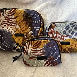 Vera Bradley SET Painted Feathers Quilted of cosmetic case storage travel makeup