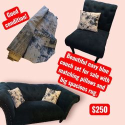 Nice Luxury Style Suede Navy Blue Couch Set