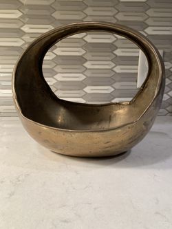 Vintage Mid Century Brutalist Hand Hammered Solid Brass Handled Basket Planter