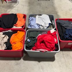 5 Totes of Men's Clothing - Bulk Lot with Storage Bins Included - keep totes