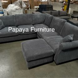 New! Comfy Plush Sectional Couch, Sectional And Ottoman, Grey Sofa, Gray Couch, Corduroy Sectional, L-Shaped Sofa, Living Room Sofa Set, Plush Couch