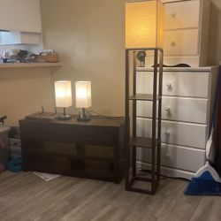 Tv Stand  Two Bedroom Lamps With Plugs In Them, Tall Shelf Lamp, 