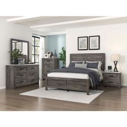 Brand New Gray Queen Bedframe + Dresser + Mirror + Nightstand 4PCs Bedroom Set