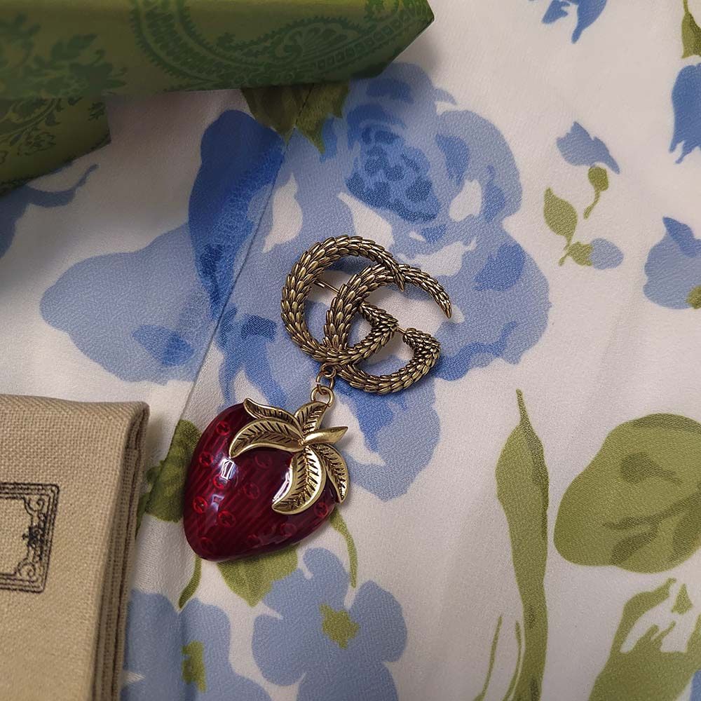 Gucci Brooch Pin Double GG Logo Pendant Strawberry
