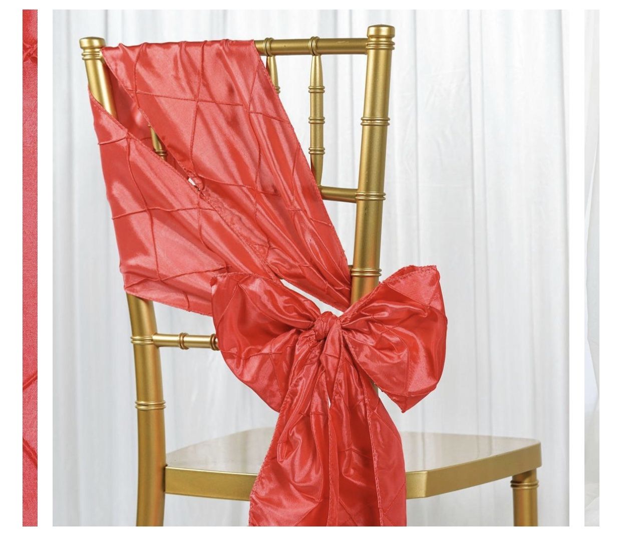 Wedding decor. Coral pintuck satin chairs sashes