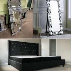  FOR THE GLAMOROUS!..KING SIZE BEDAZZLED BED & HOLLYWOOD LIGHT 💡 FLOOR MIRROR!! $820!  King size bed frame and 5ft 3 stand up light up mirror $820 in