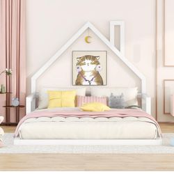 Full Size Floor Bed with House-Shaped Headboard, Full Montessori Floor Bed Wood Frame, No Box Spring Needed, for Kids Teens - White