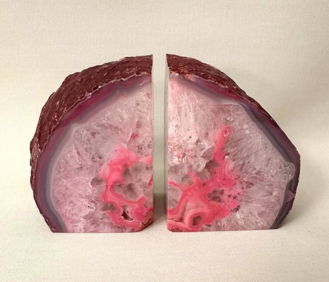 Natural Pink Dyed Brazilian Agate Geode Stone Bookends