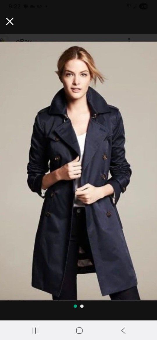 Banana Republic Women Classic Timeless Double Breasted Navy Blue Black Midi Jacket Coat