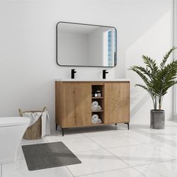 Mueble de baño independiente de 48 pulgadas con doble lavabo, bisagra de puerta de cierre suave, marrón, moderno, contemporáneo, pulido, incluye herra