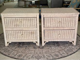 Pair of Rattan Wicker 2-Drawer Nightstands End Tables