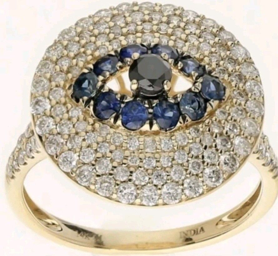 14k Genuine Diamond & Sapphire EVIL EYE Ring