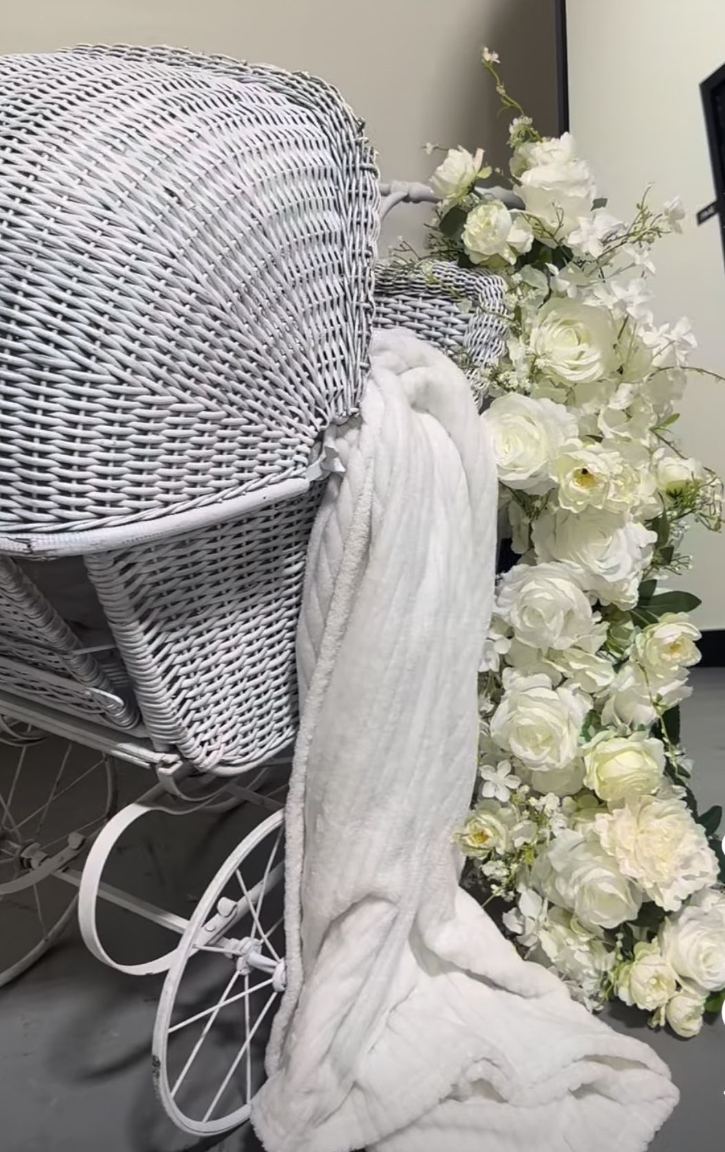 Vintage White Chippy Wicker Baby Buggy Stroller