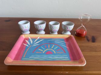 Vintage French Ceramic Egg Cups Tray and Timer Made in France