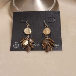 Premier Designs Gold and Brown Beaded Dangle Earrings 