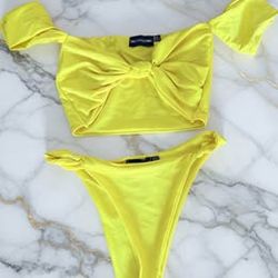 Pretty Little Thing Bright Yellow Knot Bikini Set Small - No Padding