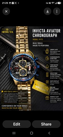 ⌚ NEW Invicta Aviator Chronograph Gold Tone Men’s Watch – Blue Accent Bezel