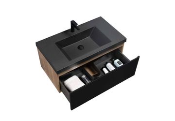 Sleek all-black floating vanity