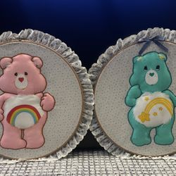 Vintage Embroidery hoop art pieces - The Care Bears Wish Bear & Cheer Bear  16”