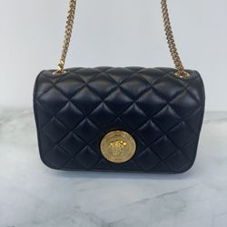 Versace Quilted Medusa Head Small Black Leather Crossbody Bag 