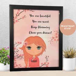 New! Kawaii Anime girl, Inspiration, Sweet Nursery or gift - Wall Decor - 8”x10” Black Frame + Free Sticker Decal