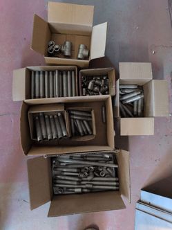 Large lot of 1/2 and 3/8 inch 304 stainless steel threaded nipples, couplings, elbows plus galvanized leftovers. Variety of lengths. New