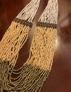 Beaded Multi-Strand Necklace in Beige, Gold & White