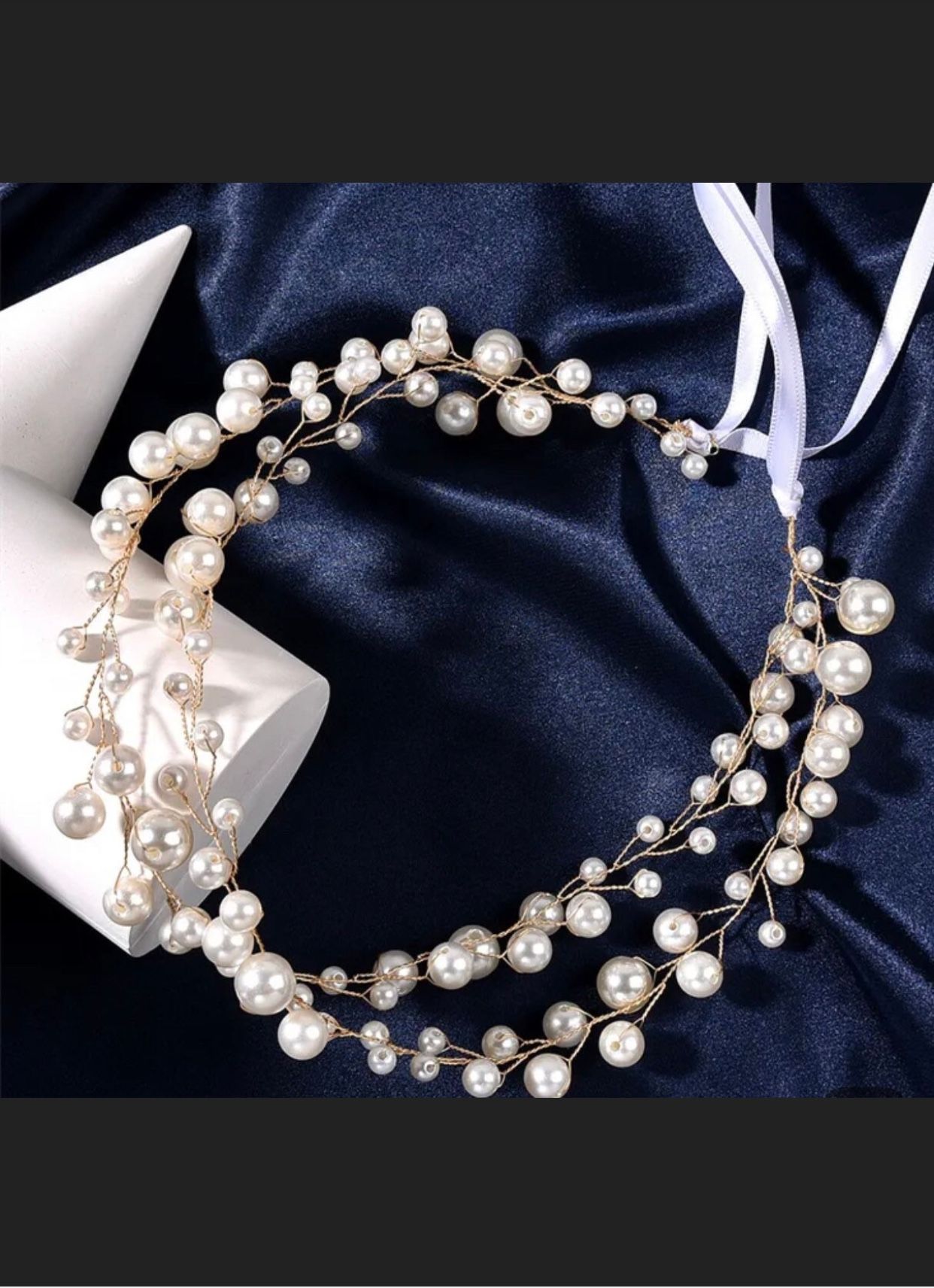 Double Strand Faux Pearl Adjustable Gold Tone Metal Wire Wreath Headpiece Tiara Crown Bridal