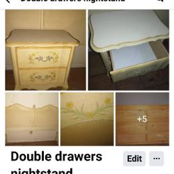 French Provincial Hand Painted Double Drawers Nightstand 