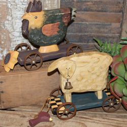 Adorable Primitive Farmhouse Sheep & Chicken Pull Toys Folk Art Decor Objects