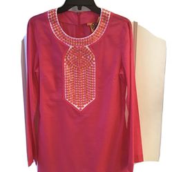 Tory Burch Pink Embroidered 100% Cotton. Casual Tunic Size: 10. Long Sleeve Top Blouse 