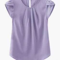 Women's Casual Round Neck Basic Pleated Top Cap Sleeve Curved Keyhole Back Chiffon Blouse. Size: 2XL