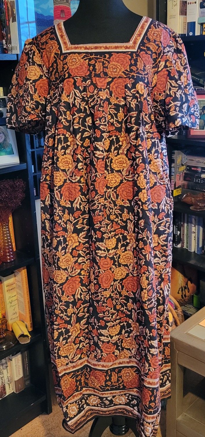 Vtg Women's Expressions Brown Orange Floral Dress 100% Cotton Sz LG Grannycore