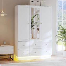 VOWNER Wardrobe Closet with 3 Doors Bedroom Armoire with Mirror & 4 Drawer