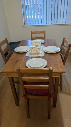Kitchen table, chairs and plates
