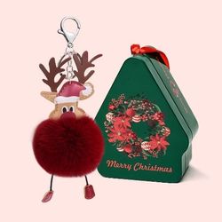 Christmas Gift Deer Keychain Reindeer Pom Pom Keyring Animal Bag Key Pendant Backpack Wallet Mobile Phone or Car Pendant Keychain
