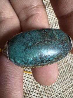 Tibetan Turquoise Pendant/Amulet with Copper and Silver Inlay